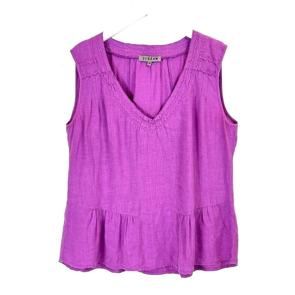 Zigsaw Blouse Women Size 12 Purple Linen Embroidered Trim Gathered V-Neck Boho